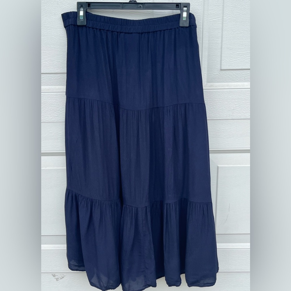 Women's talbots navy blue pull on tier ruffle button front skirt L - Picture 2 of 4